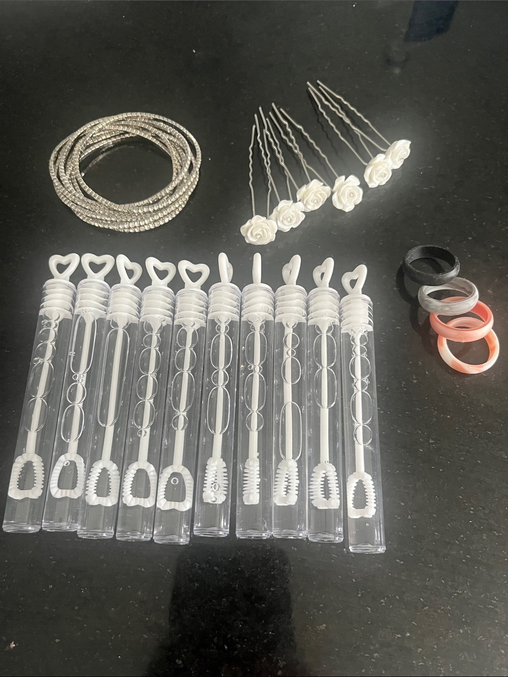 Silicone rings, 10 Wedding Bubble Wands, Bridal Hair Pins, Bracelets